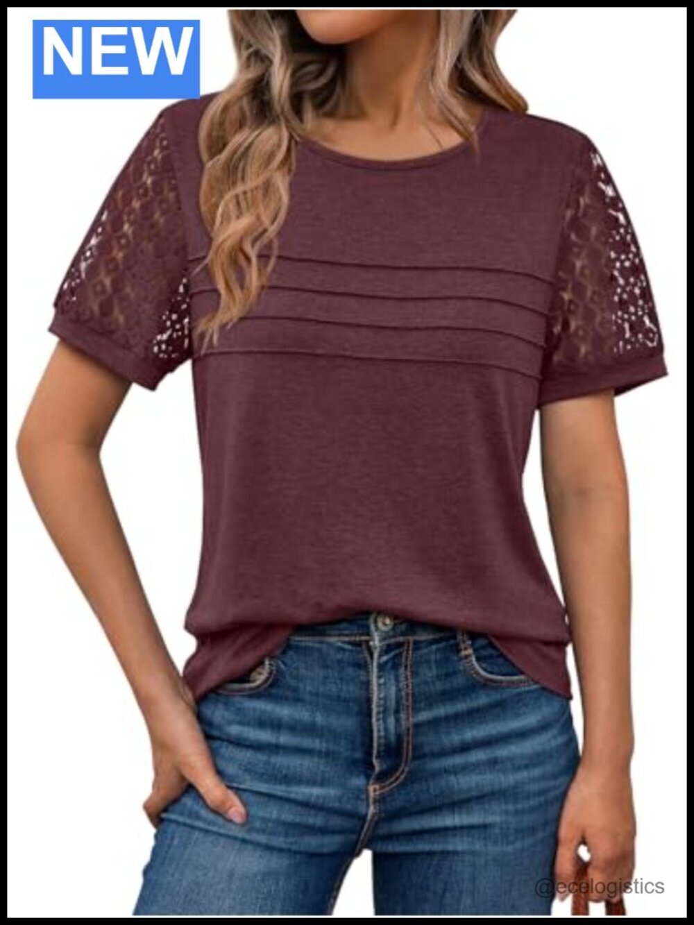 Dressy Casual Short Sleeve Blouse with Lace Trim